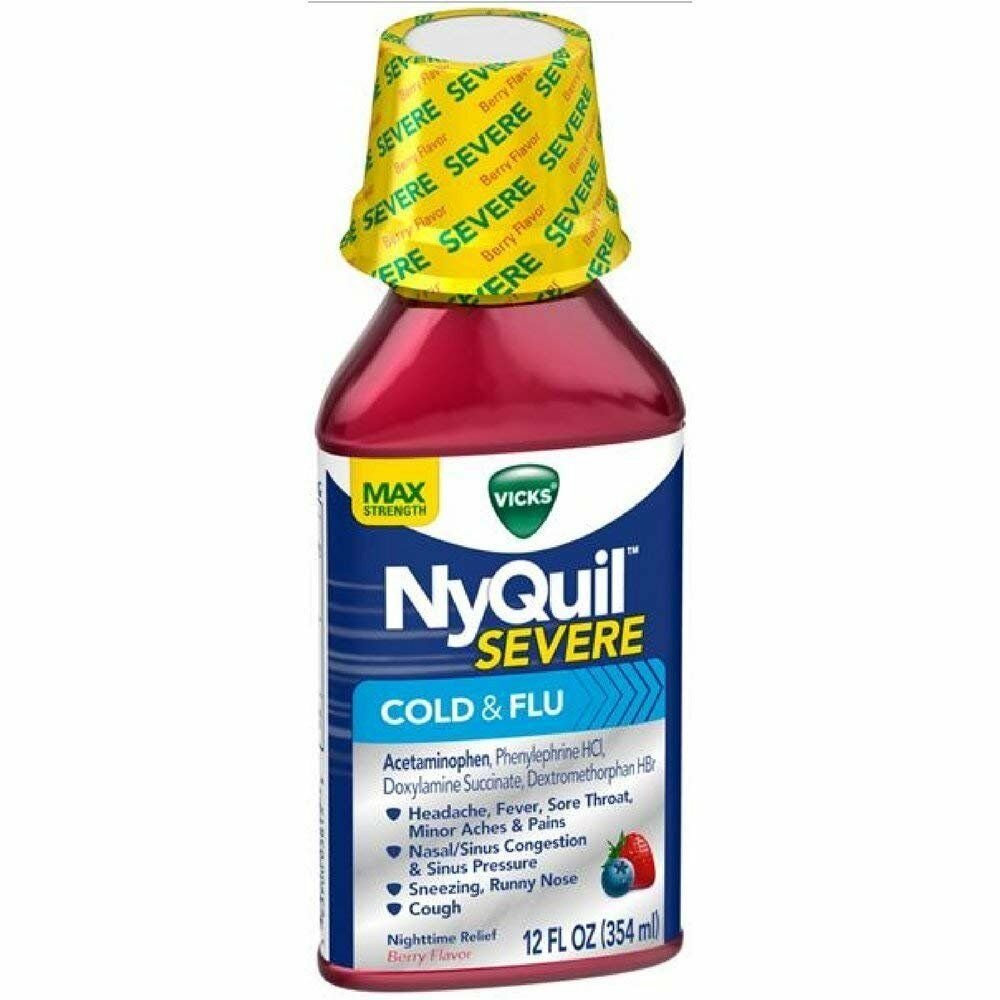Vicks Nyquil Severe Cold & Flu Nighttime Relief Liquid, Berry, 8 oz (Bulk Pack of 12)