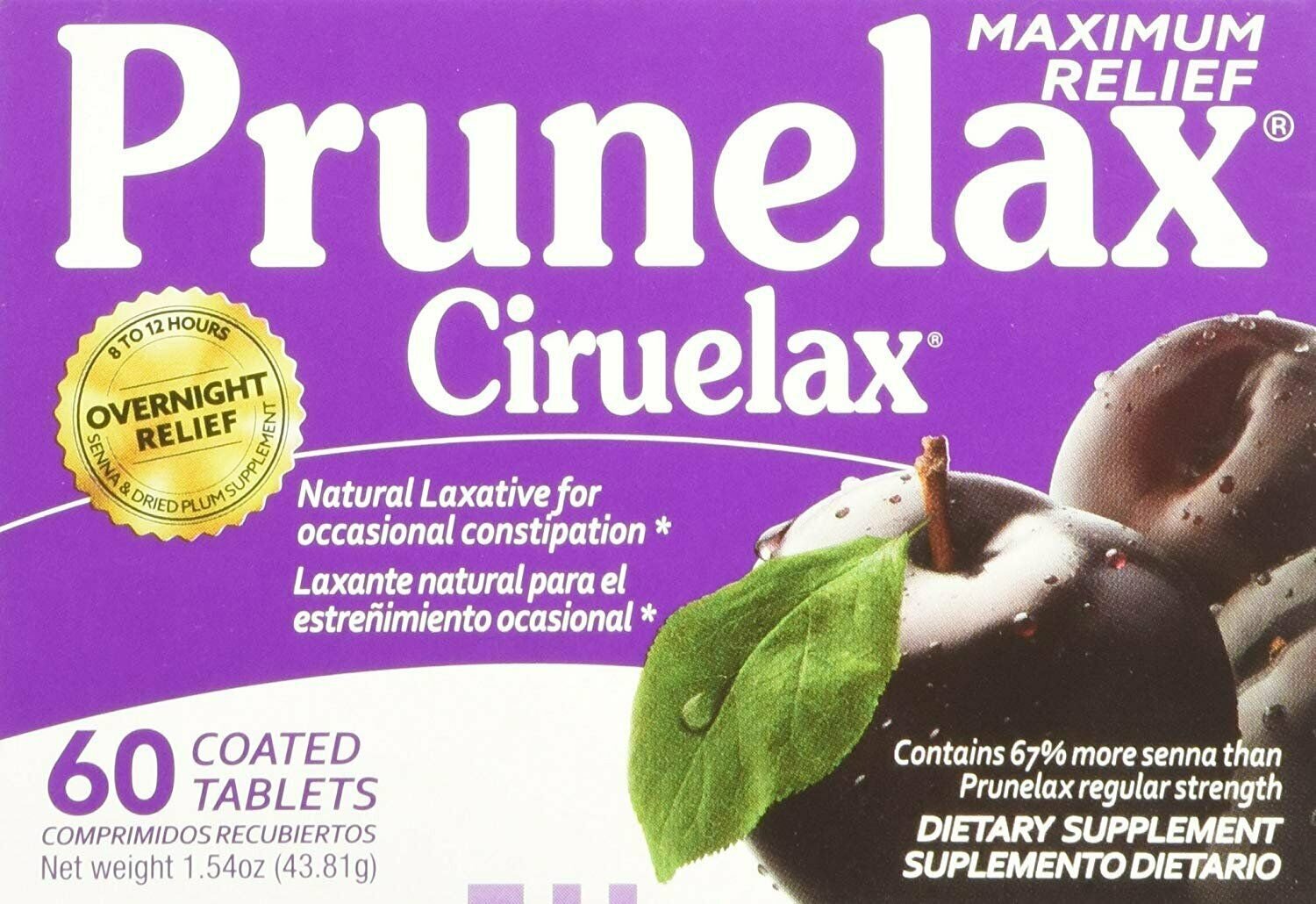 Prunelax Maximum Relief Tablets, 60 ea. (Bulk Pack of 6, 360 ea.) Natural laxative