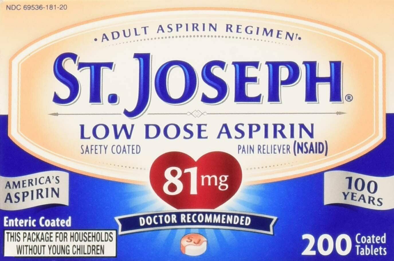 St. Joseph Low Dose Aspirin Pain Reliever 81mg Coated Tablets 200 ct, 2 Pack