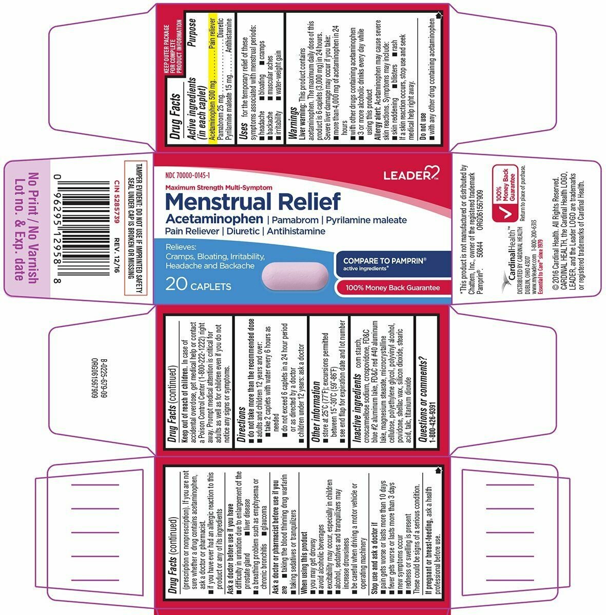 Leader Menstrual Relief Acetaminophen Maximum Strength 20 Caplets, Bulk Pack of 8
