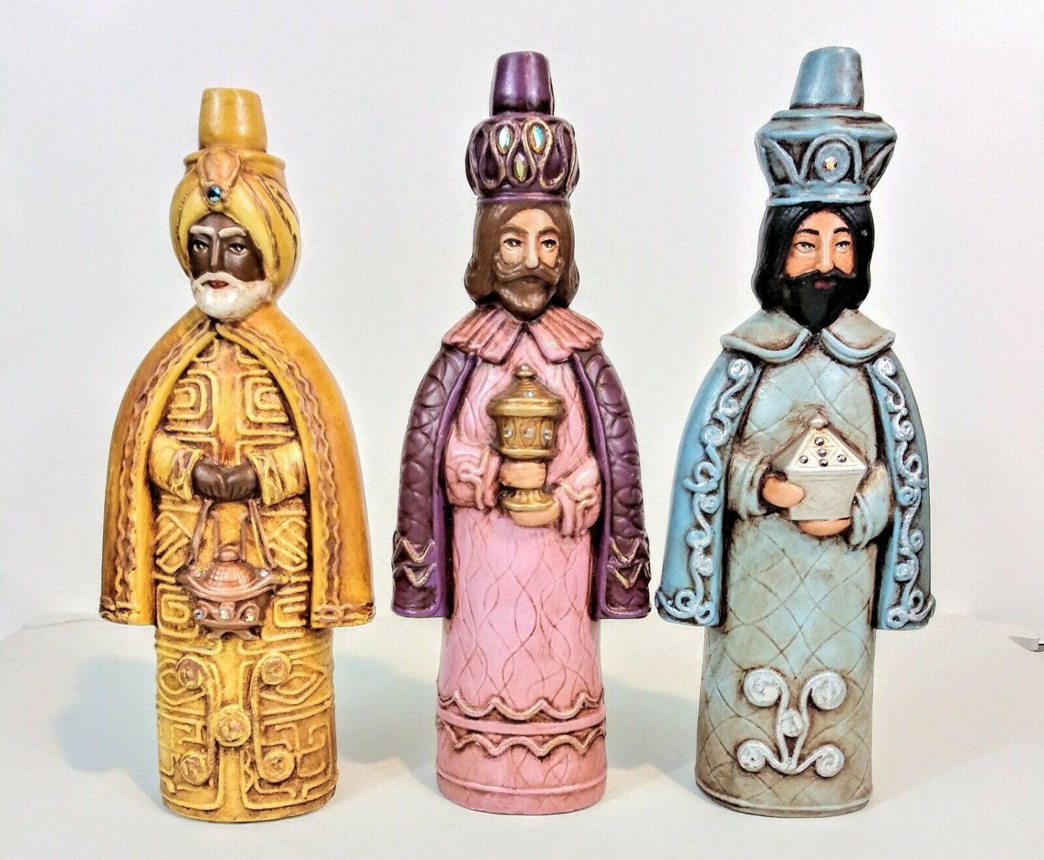 The Three Wisemen Figurines Ceramic Hand Painted Jeweled Nativity OOAK