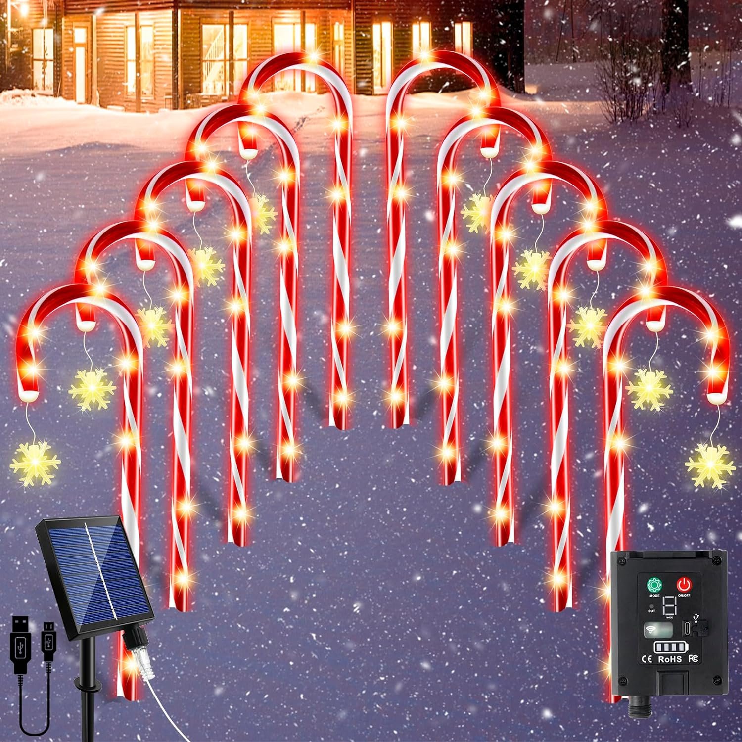 Solar Christmas Candy Cane Lights, 10 Pack 8 Lighting Modes Waterproof