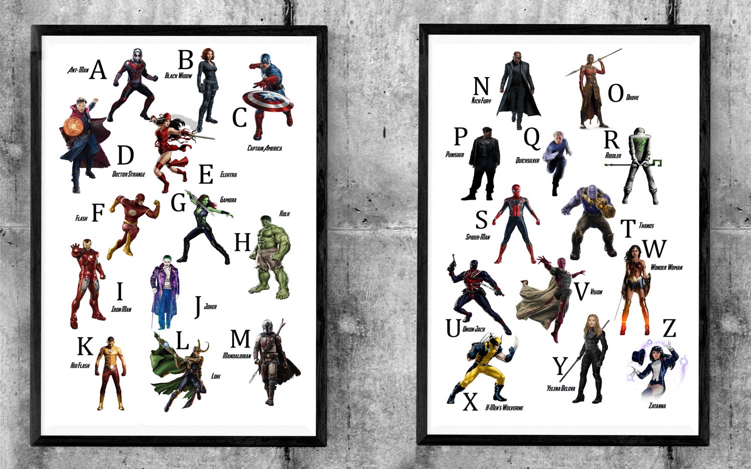 Alphabet, Superhero and Villain, Avengers Endgame, Iron Man, 18x28 inches Bundle of 2 Posters