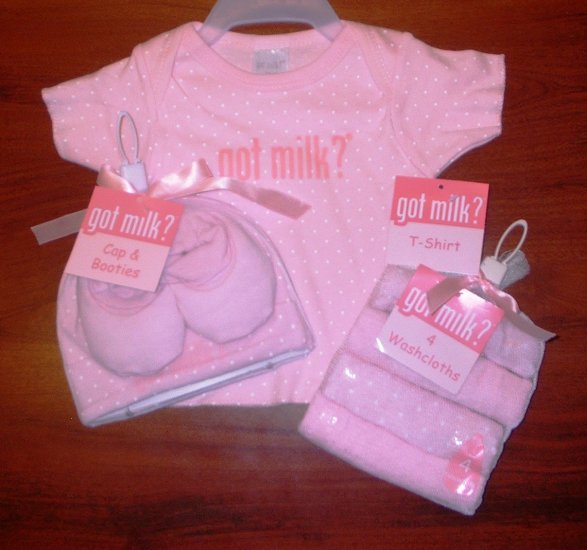 Got Milk Size 3-6 Months Medium Pink Girl Baby T-Shirt 4 Washcloths Cap Booties