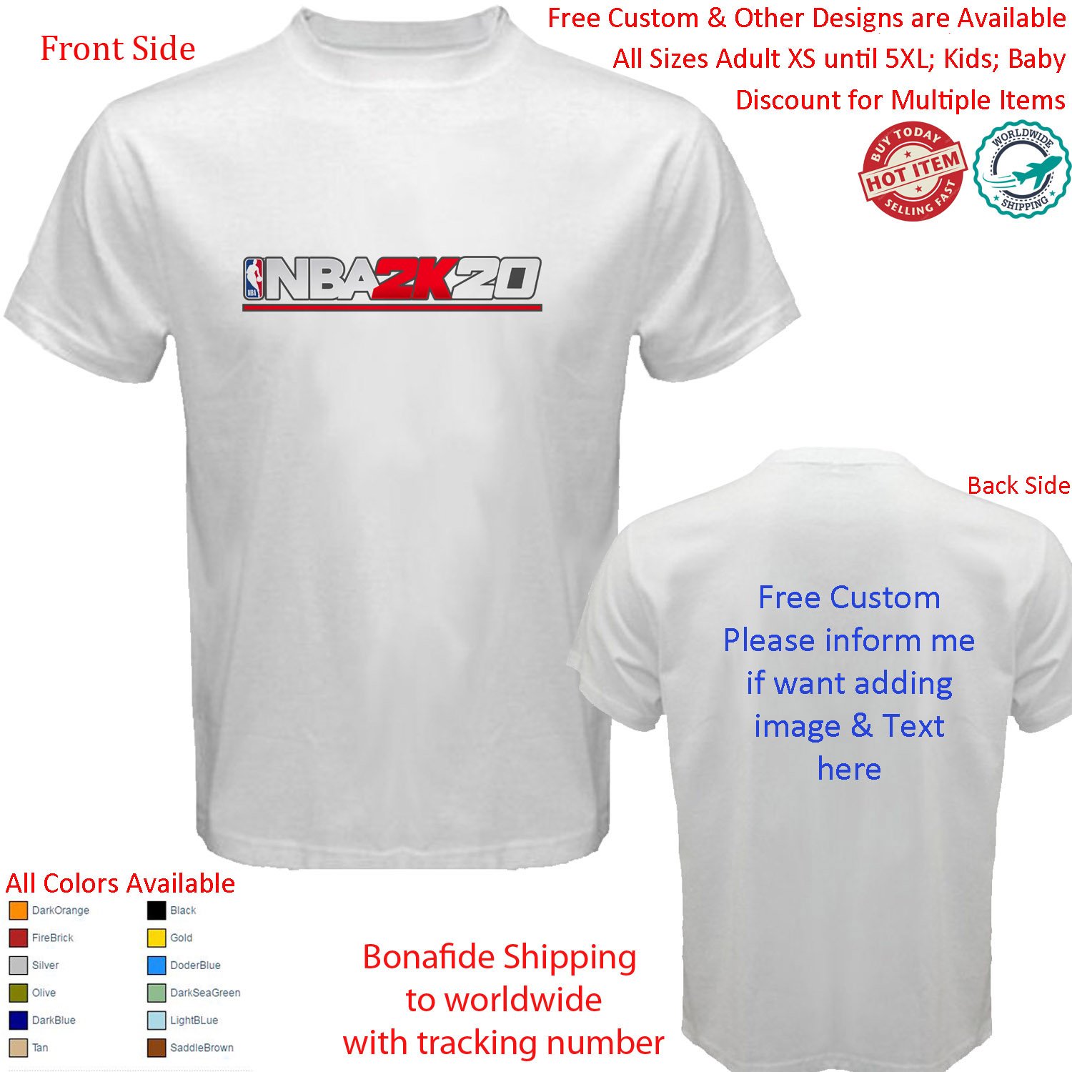 NBA 2K20 basketball simulation video game NBA PS4 2 Shirt Size adult XS-5XL Kids Toddler Infants