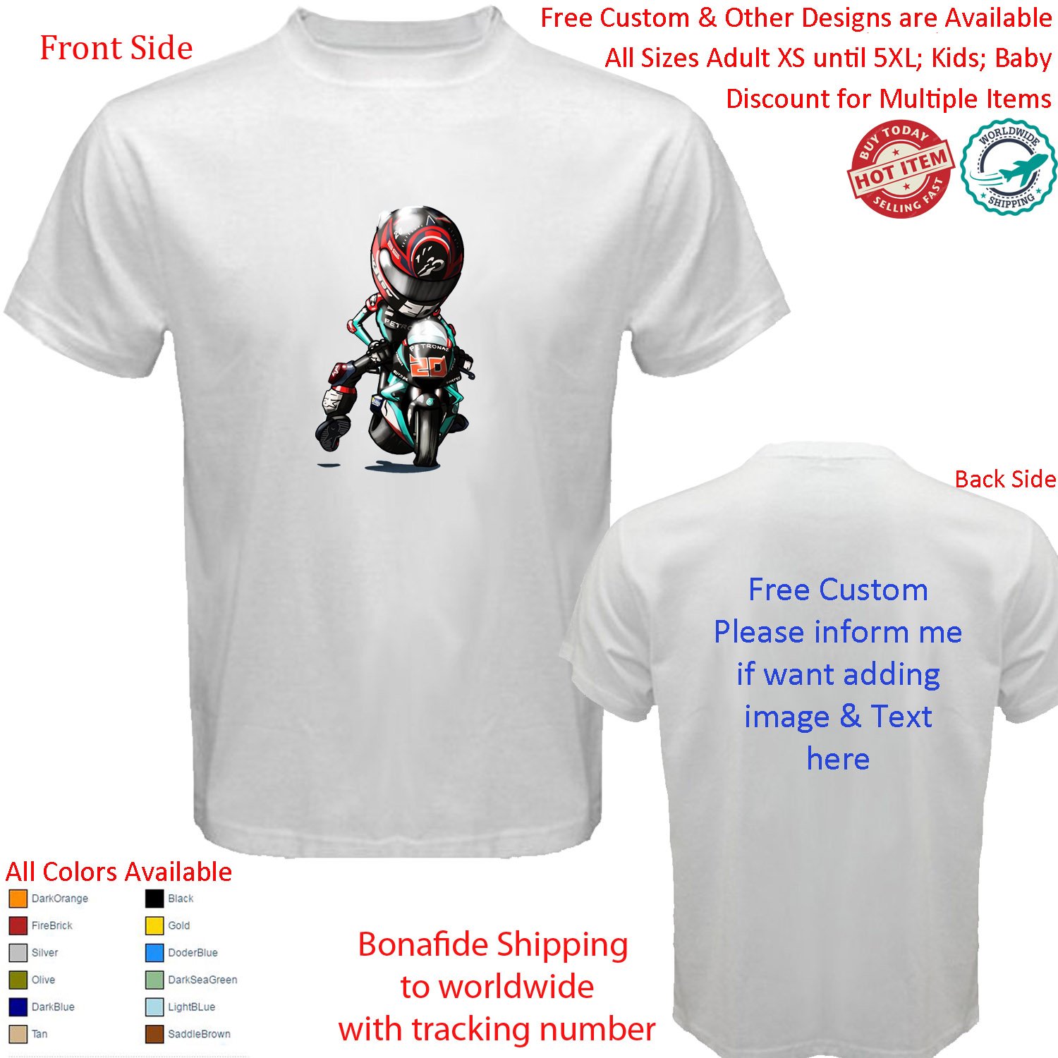 Fabio Quartararo MotoGp Yamaha Petronas France 4 T-Shirt Size adult XS-5XL Kids Toddler Infants