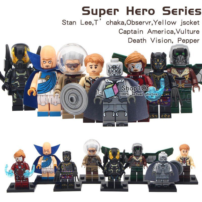 8pcs/set Marvel Superhero Avengers Stan Lee T'Chaka Pepper Vision Minifigures