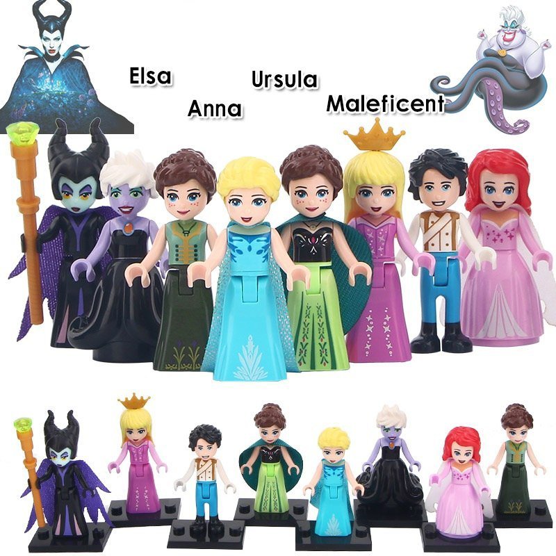 8pcs/set Princess Girl Minifigures Ariel Maleficent Anna Olaf Elsa Prince Eric