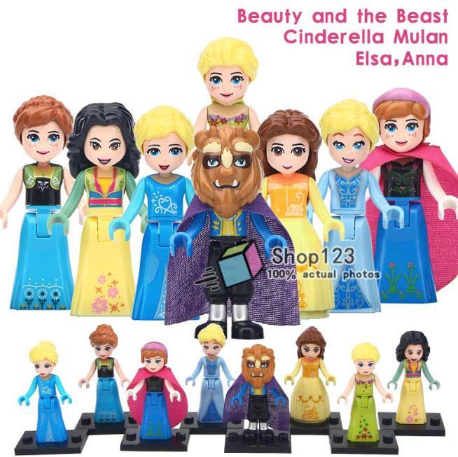 8pcs/set Cinderella Beauty And The Beast Cartoon Minifigure Belle Princess Anna