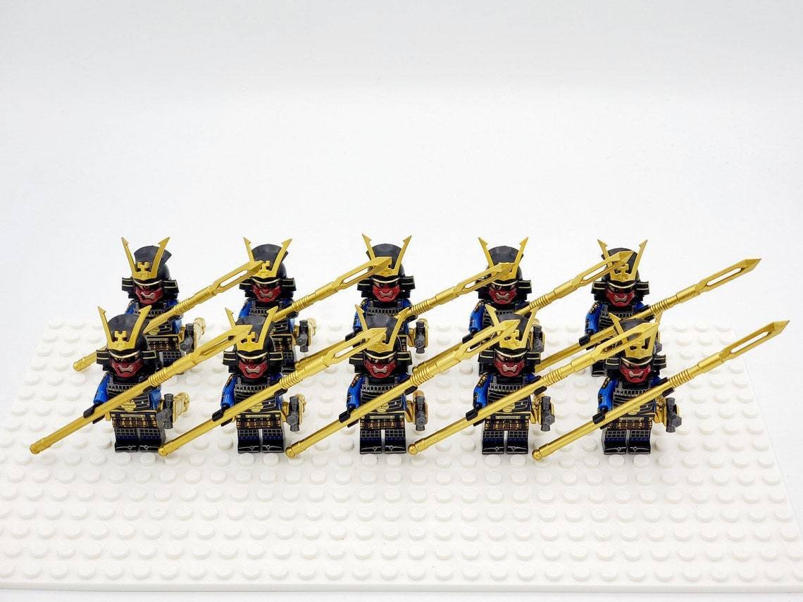 10pcs Japanese Samurai (Black Blue Armour) Barbed Horse Lance Minifigures