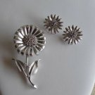 Vintage Hedy Signed Silver Tone Flower Brooch/Pin & Clip Earring Set