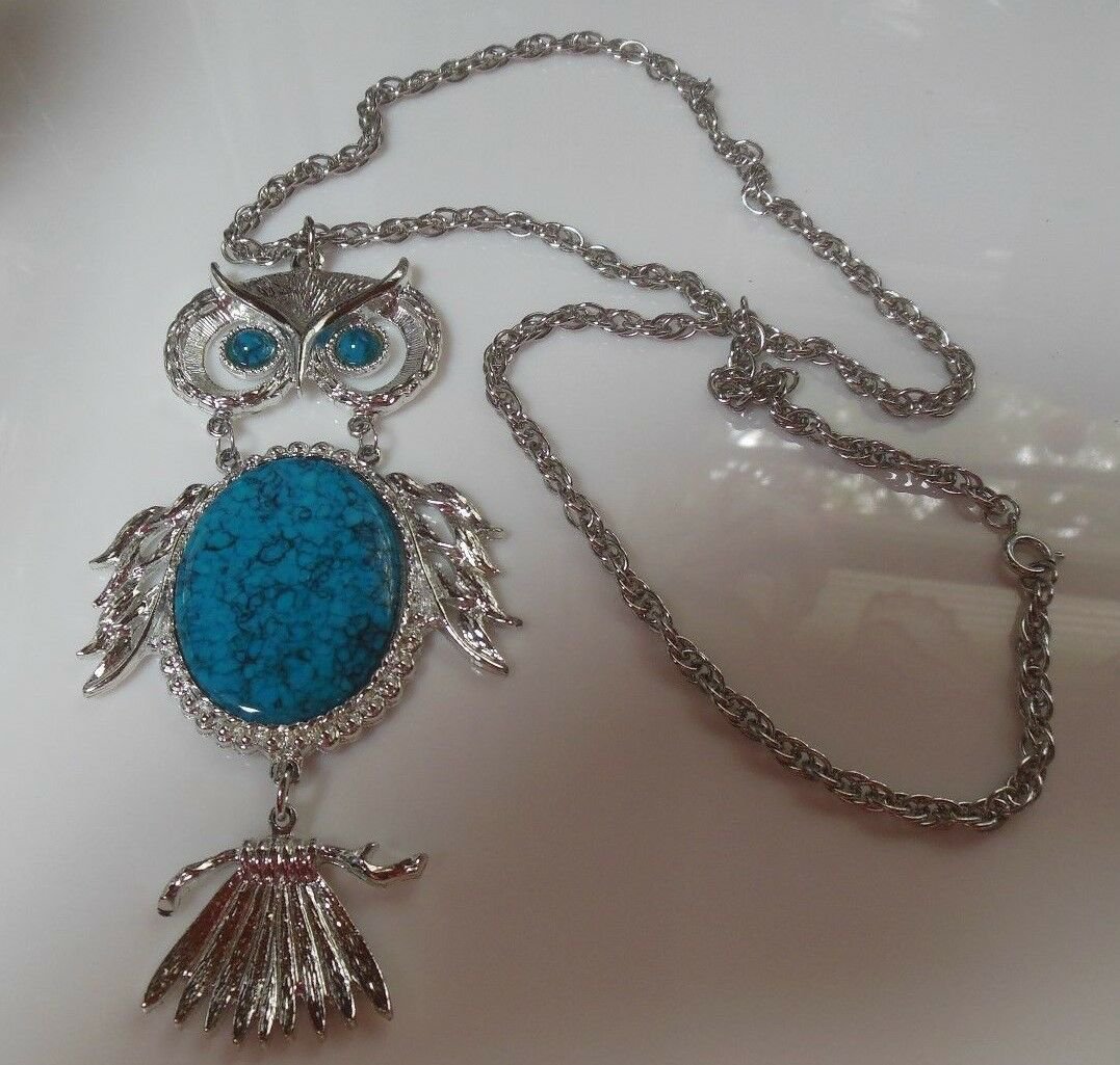 Large Silver-tone Blue Stone Owl Pendant Necklace