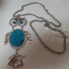 Large Silver-tone Blue Stone Owl Pendant Necklace