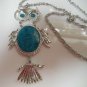 Large Silver-tone Blue Stone Owl Pendant Necklace