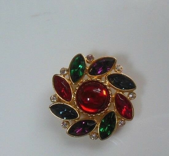 Multi-color Rhinestone & Red Cab Swirl Circle Brooch/Pendant