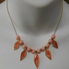 Gold-tone Chain Enamel Leaf and Pink Bead Necklace