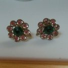 Vintage Silver-tone Green & Clear Rhinestone Floral Screw-back Earrings