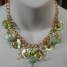 Vintage VCLM Shell Green Bead Rhinestone Dangling Charm Choker Chain Necklace
