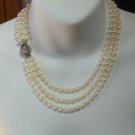 Triple Strand Pearl & Crystal Necklace W/ 925 Sterling Silver Snap-In Clasp