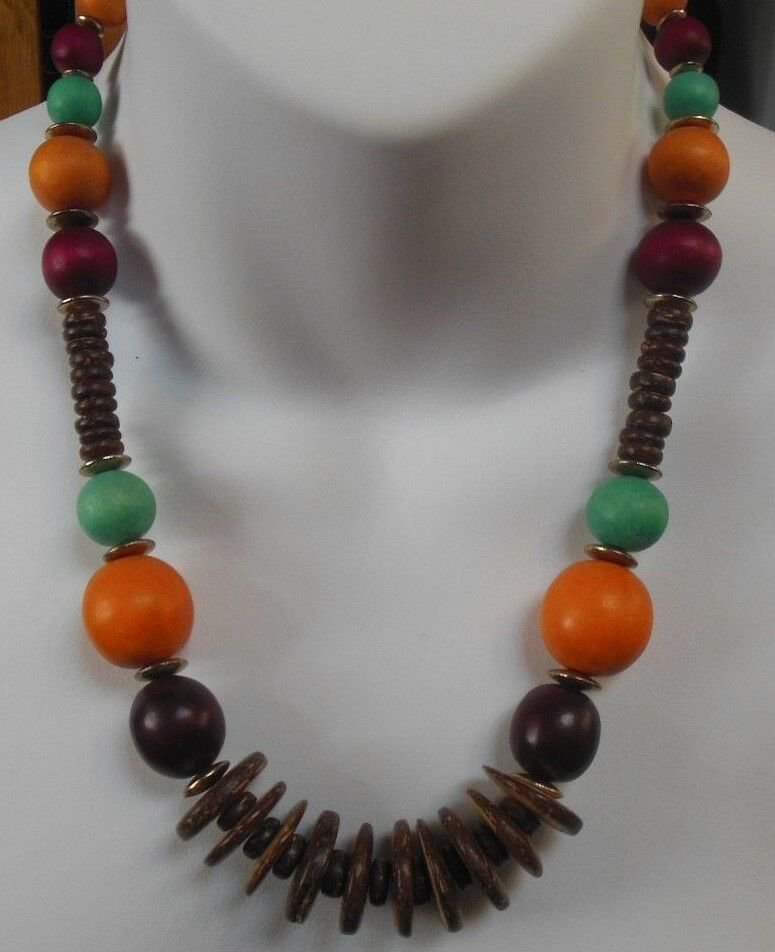 Multi-Color Graduated Round/Flat Wood Bead Necklace