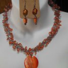 Vintage Orange/Peach Stone Twisted Wire Shell Pendant Necklace & Dangle Earrings
