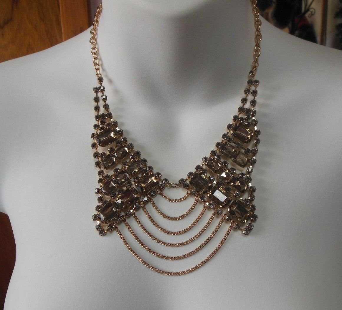 Signed MARK Clear Crystal & Rhinestone Layered Chain Bib Runway Necklace