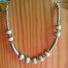 Vintage Made in Japan Gold Tone & Carved Round White Bead Necklace Unique Clasp