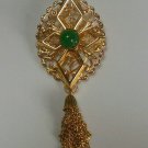 Vintage Signed Sarah Coventry Gold-tone Green Cabochon Tassel Brooch