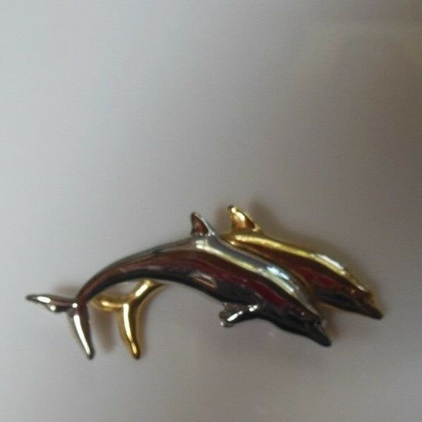Signed LC Silver-tone & Gold-tone Double Dolphin Brooch