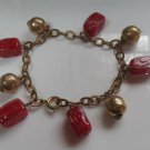 Vintage Stamped Germany Gold-tone Ball & Red Art Glass Charm Bracelet