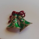 Vintage Red Green Enamel Christmas Bells Brooch W/ Clear Rhinestones