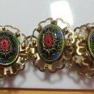 Vintage Carved Multi-Color Floral Oval Panel Link Semi-Filigree Bracelet