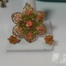 Vintage Gold-tone Floral Filigree Pendant & Matching Pierced Earrings Set