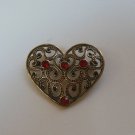 Gold Tone Rhinestone Swirl Heart Filigree Brooch/Pin