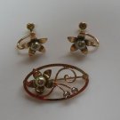 Vintage Signed Van Dell 1/20 12K Gold Filled Floral/Pearl Brooch & Earrings