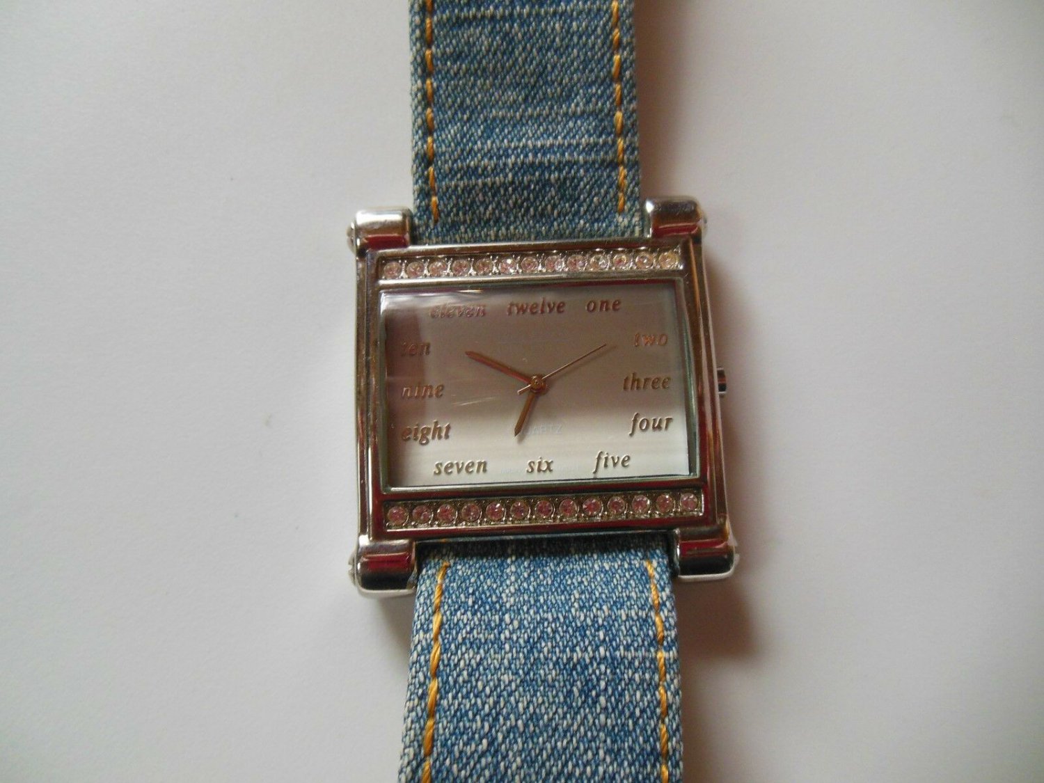 Joan Rivers Classics Denim/Rhinestone Watch With Spelled-Out Numbers RARE