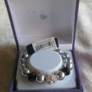 Roman Silver/Grey Pearl Black Bead Rhinestone Stretch Bracelet