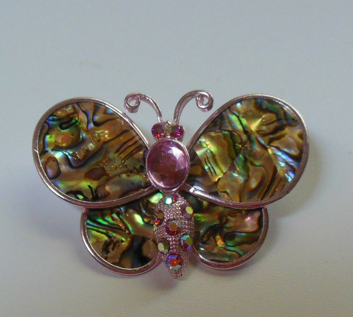 Thin Abalone Shell  Butterfly Brooch With Pink Rhinestones Lightweight