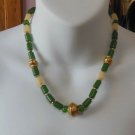 Vintage Green & Cream Colored Glass Bead Necklace W/Small Gold Tone Spacers