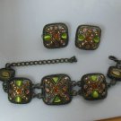 vintage rhinestone & moonstone square panel bracelet and matching clip earrings