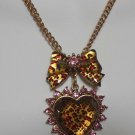Betsey Johnson Gold-tone Leopard Pink Rhinestone Bow & Heart Necklace