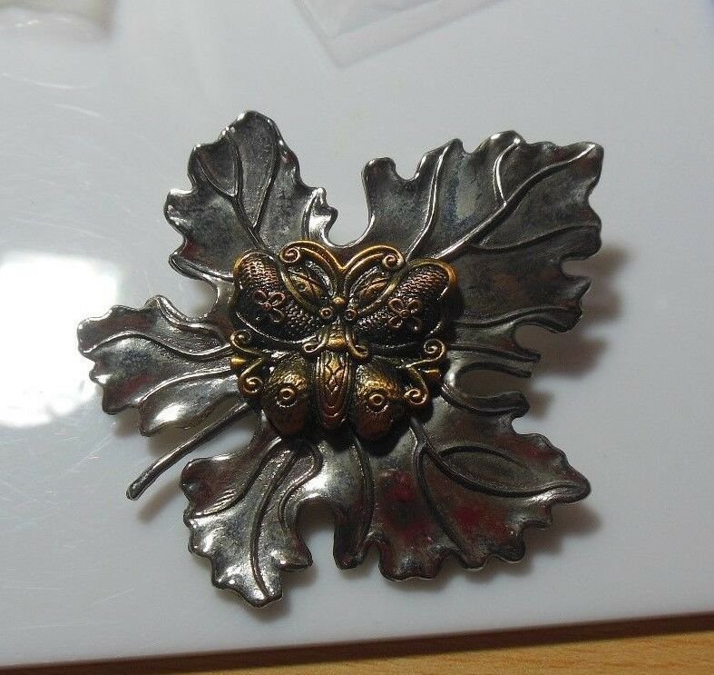 Large Vintage Stephen Dweck Silver-tone Leaf and Copper Butterfly Scarf Clip