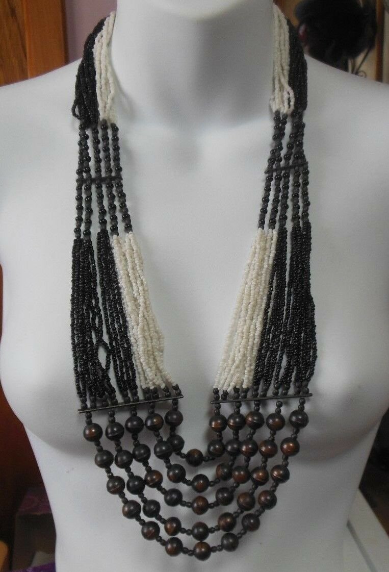 Vintage Large Black & White Multi-Strand Beaded Necklace Unique Clasp