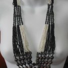 Vintage Large Black & White Multi-Strand Beaded Necklace Unique Clasp