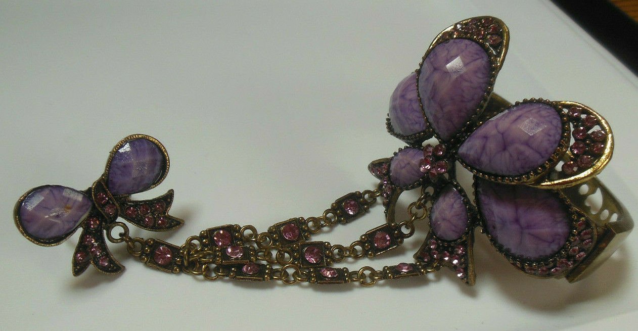 Purple Bow Cab Rhinestone Cuff Bracelet with Attached Matching Adjustable Ring