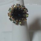 Antique Gold-tone Large Blue Faceted Stone & Rhinestone Adjustable ring