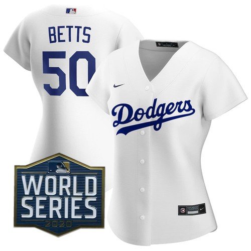 Women's Los Angeles Dodgers 50 Mookie Betts Jersey White 2020 World