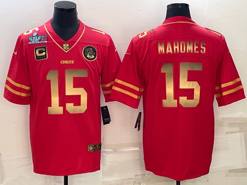 men's & youth Chiefs Uniform #15 Patrick Mahomes Jerseys Red Gold 2023 Super Bowl LVII C patch
