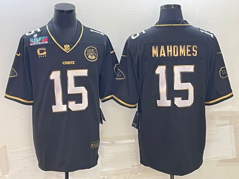men's & youth Chiefs Uniform #15 Patrick Mahomes Jerseys Black Gold 2023 Super Bowl LVII C patch