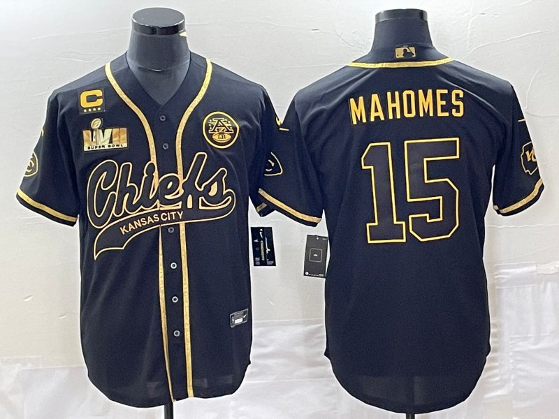 men's & youth Chiefs Uniform #15 Patrick Mahomes Jerseys Black Gold LVII C patch Baseball Shirts